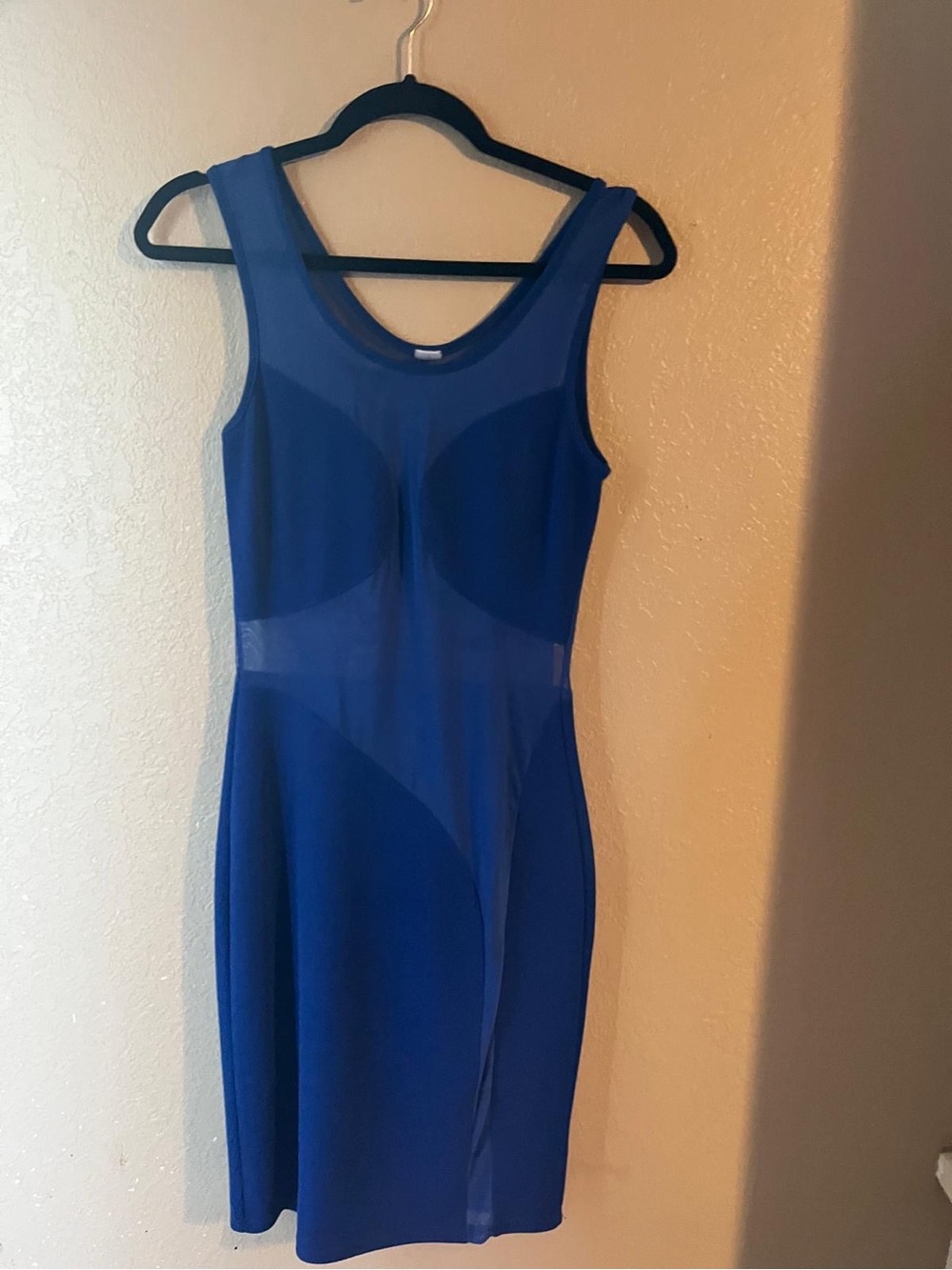 Sleeveless Blue Mesh Panel Bodycon Dress